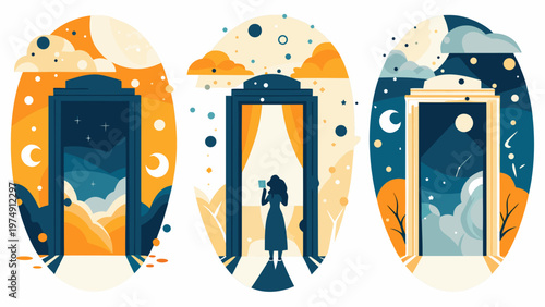 Three arched doorways reveal surreal landscapes with a central figure