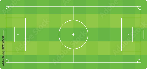 Top view soccer field vector, green grass football pitch tactical layout, professional sports arena diagram isolated on white.