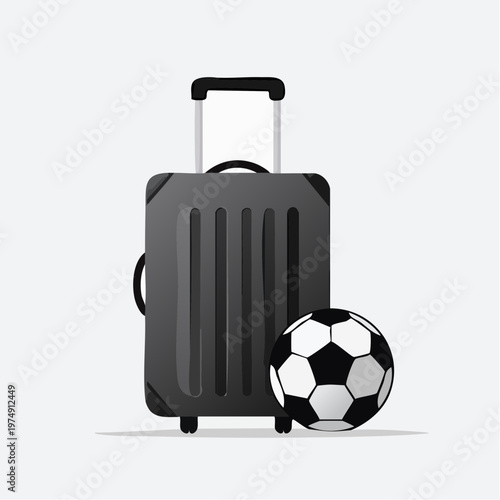 Black suitcase and soccer ball ready for travel to a sports event or vacation in a simple graphic style