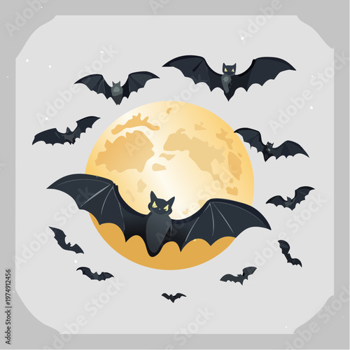 Bats fly in the night sky near a glowing full moon during a fall evening in a spooky setting
