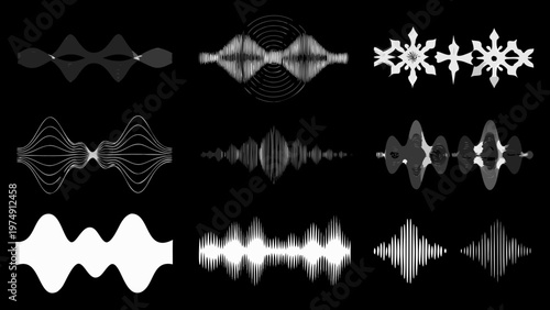 Abstract sound wave patterns in grayscale displayed as geometric shapes