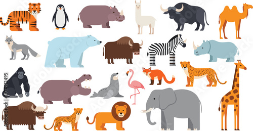 Cute Wild and Zoo Animals Collection with Lion, Elephant, Zebra, Giraffe, Tiger, Penguin, Camel and More Flat Vector Illustrations for Kids Design.