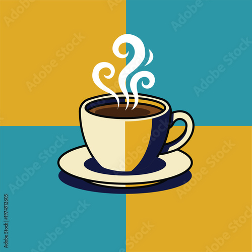 A steaming cup of coffee on a colorful background with a saucer on transparent background