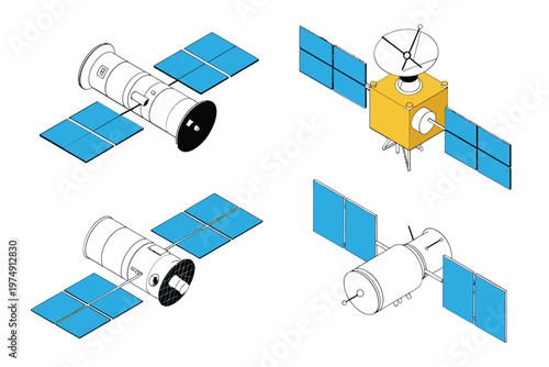 Schematic illustration of multiple satellites featuring cylindrical bodies and large solar panels high quality professional detailed