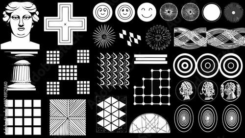 Collection of geometric shapes busts and abstract designs in black and white