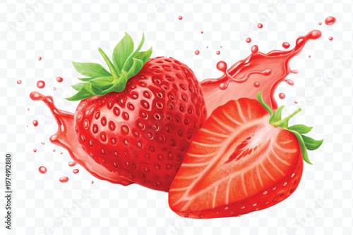 realistic fresh strawberry with red juice splash isolated on transparent background	
