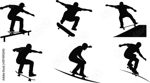 Skateboarder silhouette collection, young man performing extreme tricks on skate park ramps and rails, professional skating stunts, black vector illustration.