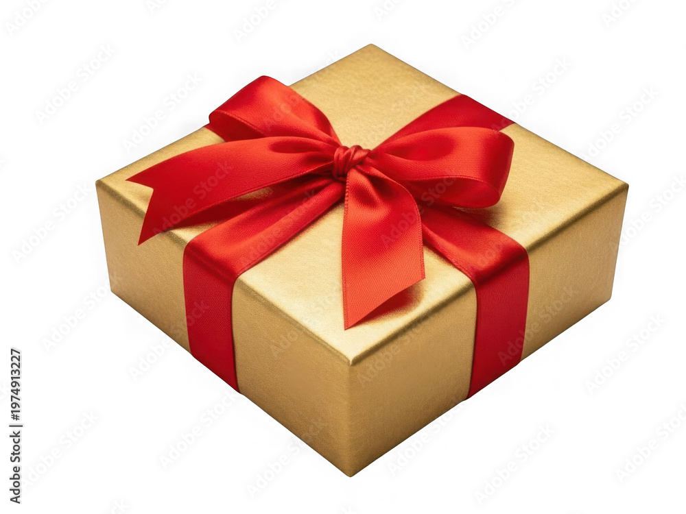 Obraz premium Elegant golden gift box with a red bow