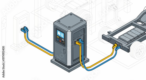 Isometric Vector Illustration of an Electric Vehicle (EV) Charging Station Connected to a Car Chassis for Battery Power and Sustainable Energy Technology