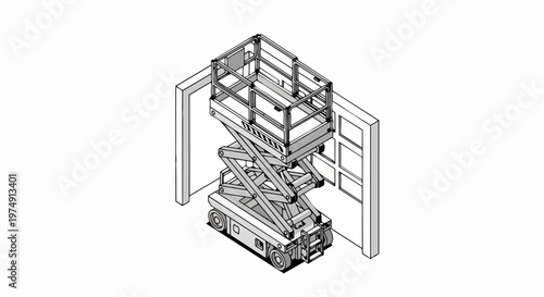 Isometric Scissor Lift Technical Illustration - Aerial Work Platform Line Art for Industrial Construction and Warehouse Logistics Design