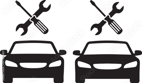 Black and white illustration of a car with crossed wrench and screwdriver tools above it symbolizing auto repair vehicle maintenance service breakdown assistance maintenance screwdriver automotive