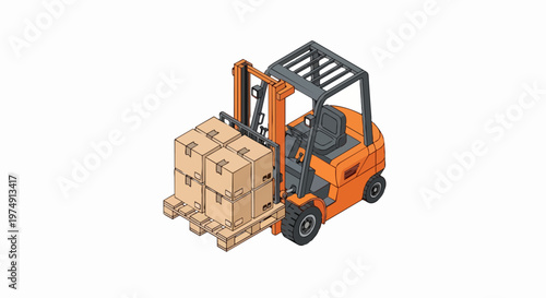 Isometric Orange Forklift Carrying a Pallet with Cardboard Boxes, Logistics and Warehouse Concept Illustration