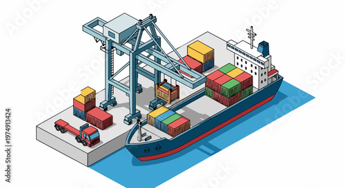 Isometric Illustration of a Cargo Ship at a Port Terminal with Gantry Crane and Shipping Containers for Global Logistics and Trade Concepts