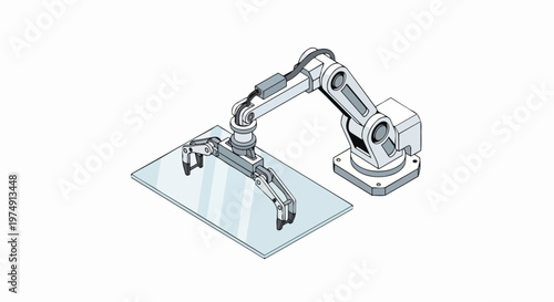 Industrial Robot Arm Manipulator with Gripper Lifting Glass Sheet, Isometric Illustration of Automated Manufacturing Process