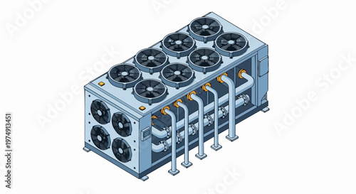 Isometric 3D Industrial HVAC Chiller System with Cooling Fans and Pipe Manifold, Commercial Air Conditioning and Refrigeration Unit for Data Center Cooling