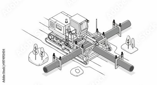 Isometric Line Art Illustration of Heavy Industrial Pipelayer Machinery Installing Pipeline
