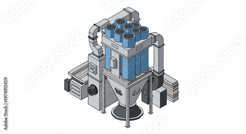 Isometric 3D Industrial Dust Collection System and Cyclone Filtration Machine Illustration for Factory and Manufacturing Projects