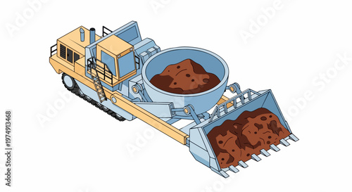 Isometric Heavy Duty Mining Excavator and Loader Machine Illustration, Industrial Earthmoving Equipment for Construction and Resource Extraction