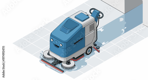 Isometric Industrial Floor Scrubber Machine Illustration for Commercial Cleaning and Facility Maintenance Services