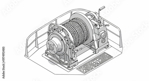 Industrial Marine Winch and Cable Drum Isometric Line Art Illustration