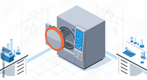 Modern Isometric Illustration of a Medical Autoclave Sterilizer in a High-Tech Laboratory with Scientific Research Equipment and Glassware