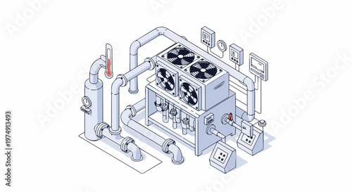 Isometric Industrial HVAC Cooling System Illustration with Chiller Unit, Pipes, and Mechanical Control Panels