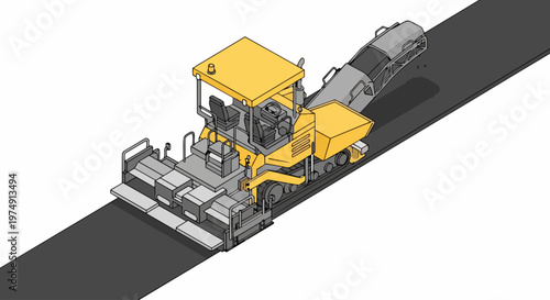Isometric Vector Illustration of an Asphalt Paver Machine for Road Construction and Infrastructure Maintenance on White Background