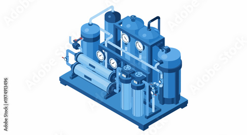Isometric Industrial Water Filtration System for Purification, Reverse Osmosis Unit, Factory Chemical Processing Plant, Vector Illustration on White Background