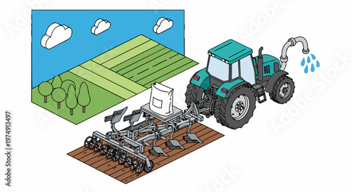 Modern Tractor with Agricultural Machinery and Irrigation System Illustration for Farming and Cultivation Concepts
