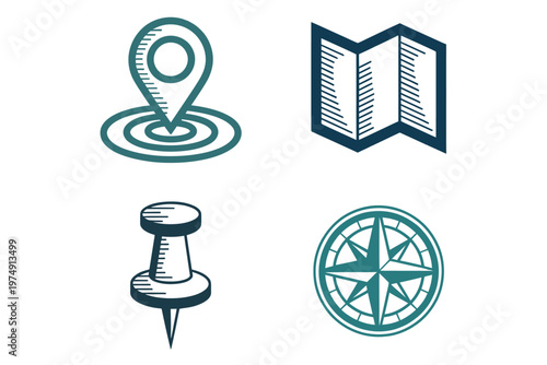 A collection of teal colored travel and navigation icons including a map pin compass and map