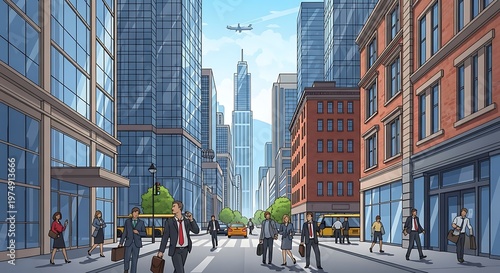 modern city street with skyscrapers and pedestrians vector illustration
