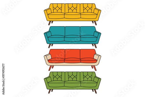 A colorful illustration showcases four distinct sofas each with a unique hue and simplistic design