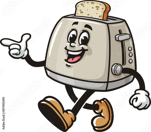 Cartoon mascot of a toaster is walking