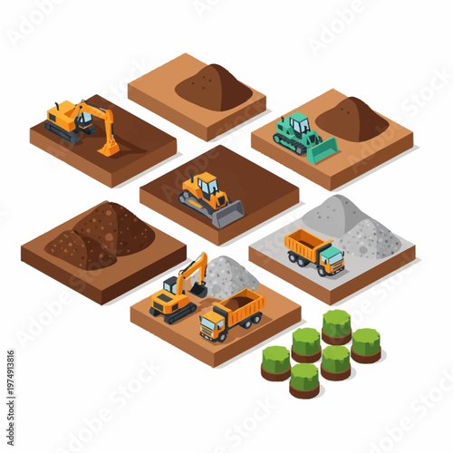Isometric Construction Site with Heavy Machinery and Material Piles.