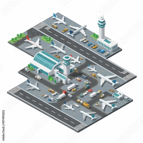 Isometric Airport Terminal with Airplanes and Ground Support Vehicles.