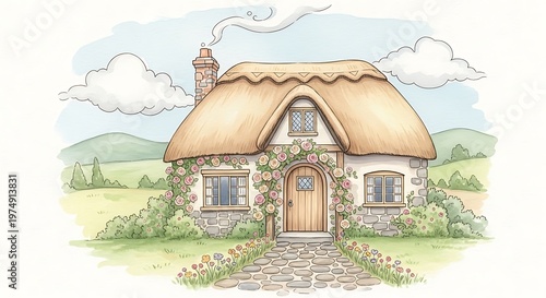 charming cottage with thatched roof and stone path vector illustration
