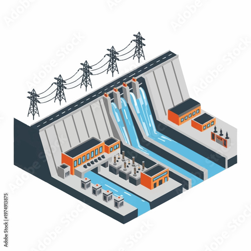 Isometric Hydroelectric Dam Generating Renewable Energy.