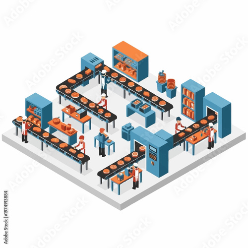 Isometric factory production line with workers and conveyor belts manufacturing food products.