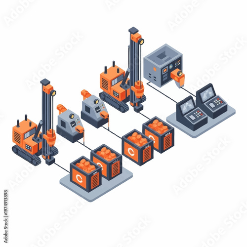 Isometric illustration of a drilling rig system with connected components.