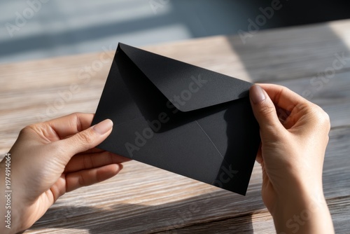 Hands Opening Plain Black Envelope to Reveal Contents in Bright Light