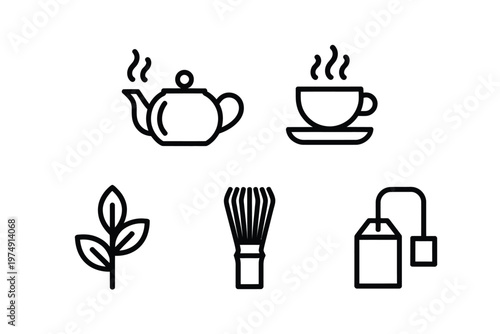 Minimalist line art depicts a teapot teacup tea leaves whisk and tea bag high quality professional