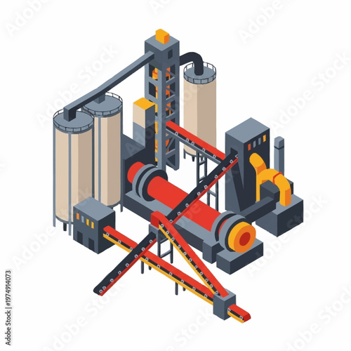 Isometric Industrial Cement Production Plant with Silos and Rotary Kiln.