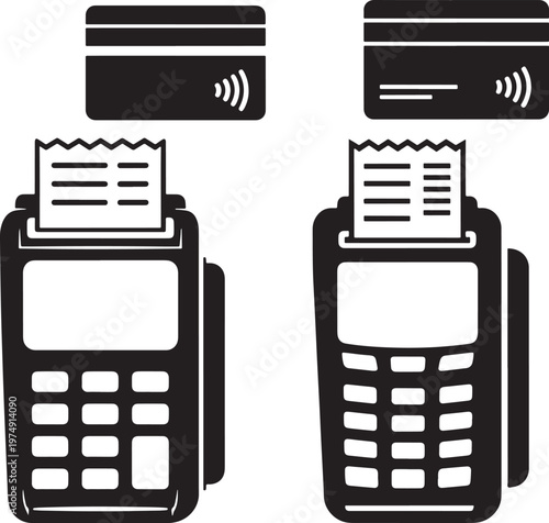 Credit card and pos terminal with receipt icon set for contactless payment and transaction retail industry black and white point of sale terminal transaction contactless cashless commerce