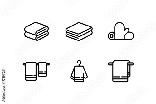 Minimalist line art depicts stacked towels washcloths and hanging towel racks high quality professional detailed modern