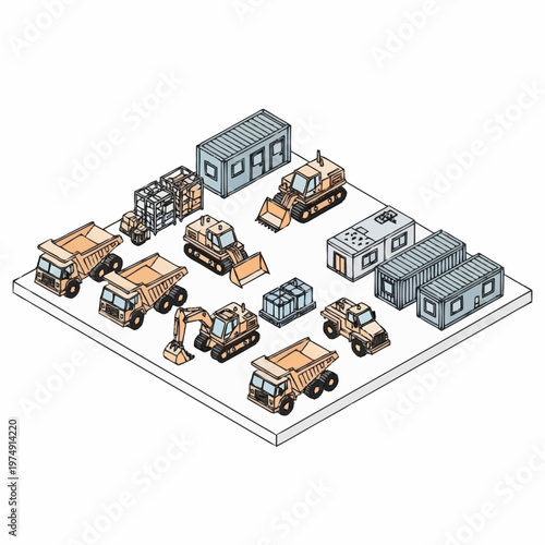Isometric illustration of various construction vehicles and portable buildings on a white background.