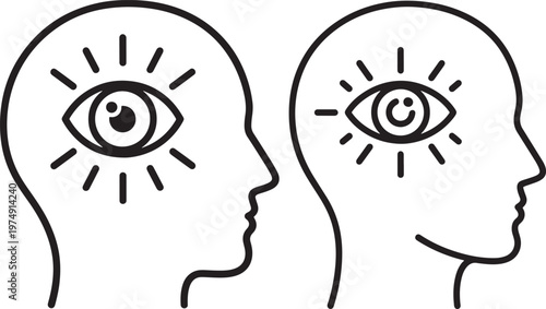 Human head profiles with radiant eyes icon set for vision thought insight perception awareness intelligence creative imagination conscious silhouette radiating knowledge understanding