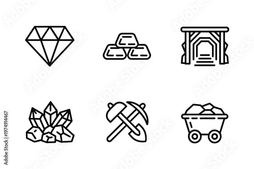 Line art illustration depicts various mining elements diamonds gold a mine entrance and tools high quality