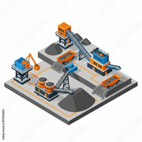 Isometric Mining and Quarrying Plant with Conveyor Belts and Heavy Machinery.