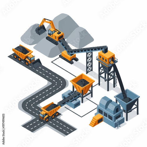 Isometric Mining and Quarrying Process with Heavy Machinery.