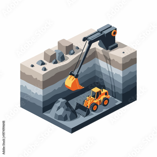 Isometric Mining Operation with Excavator and Loader in an Open Pit Mine.